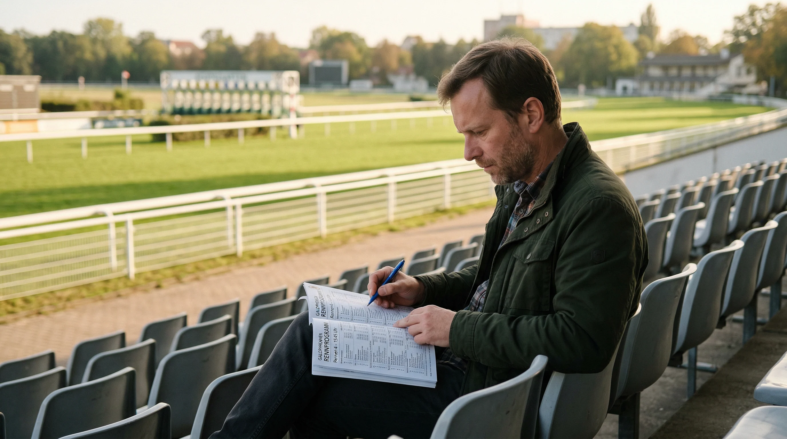 Nachdenklicher Wetter studiert ein Rennprogramm auf der Tribüne einer Rennbahn