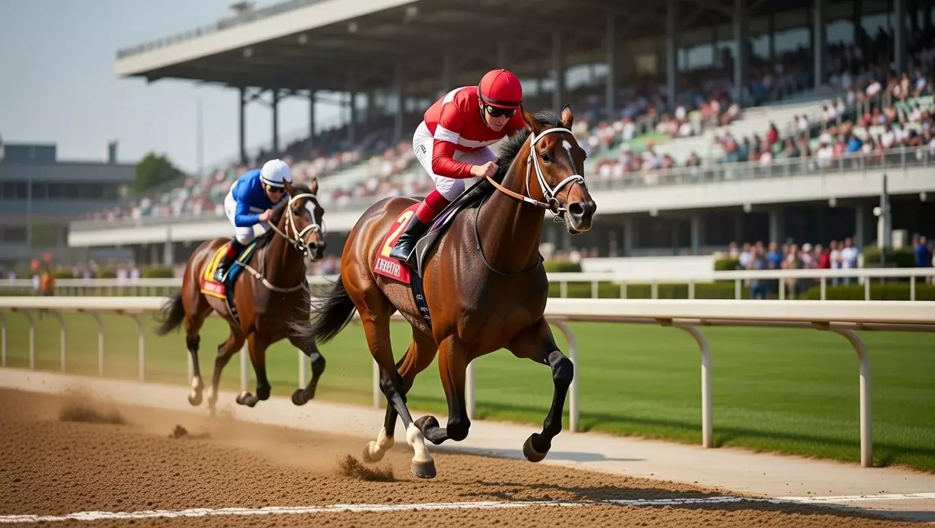 Pferderennen mit Jockeys auf der Zielgeraden bei Sonnenuntergang