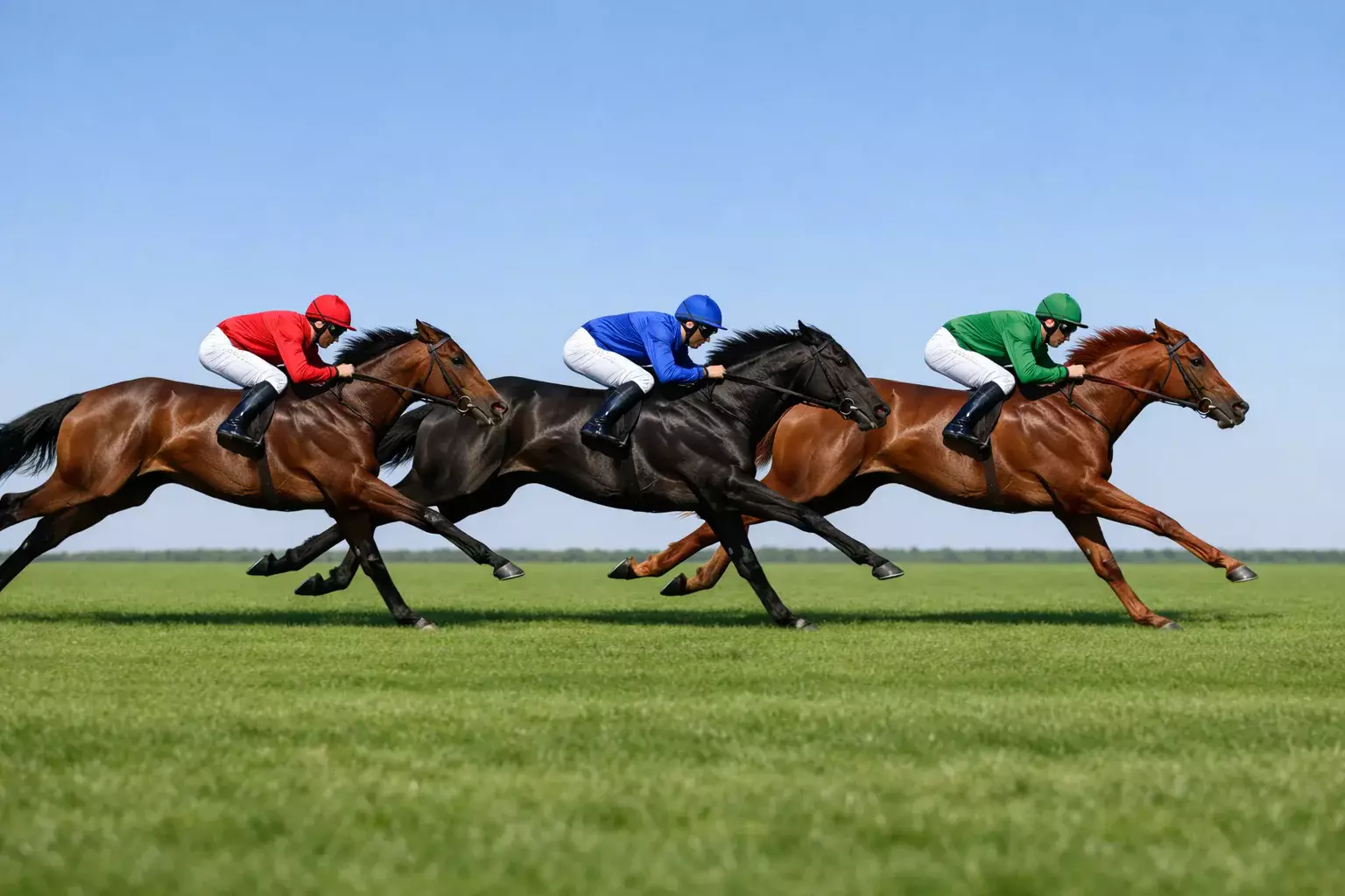 Drei Rennpferde passieren gemeinsam die Zielmarkierung