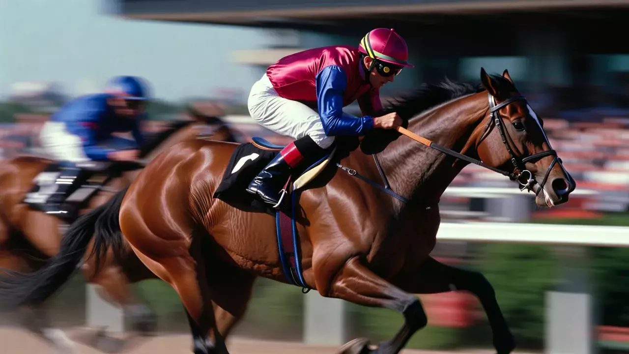 Vollblut im vollen Galopp auf grüner Rennbahn