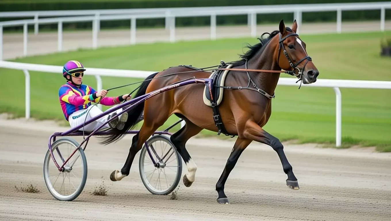 Trabrennfahrer im Sulky hinter trabendem Pferd auf Sandbahn