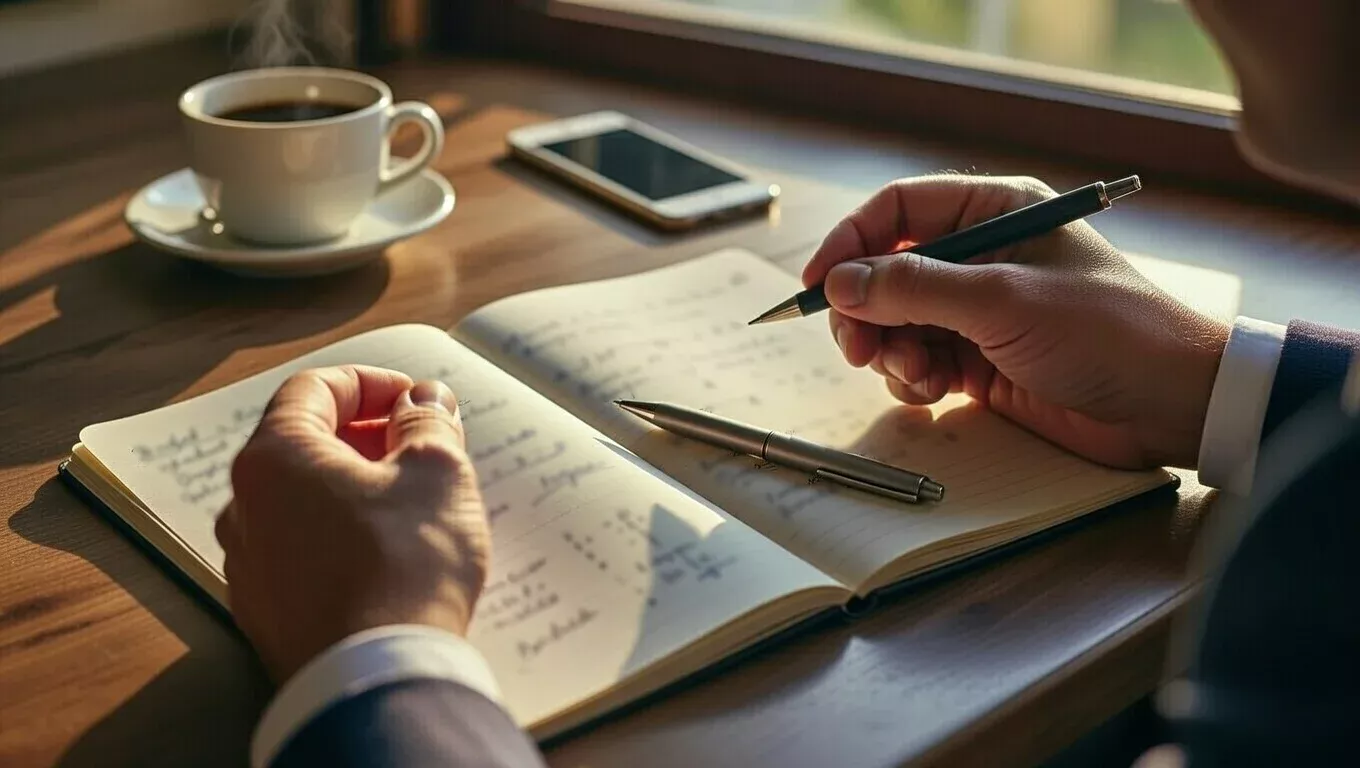 Notizbuch mit Budgetplanung und Stift auf dem Schreibtisch