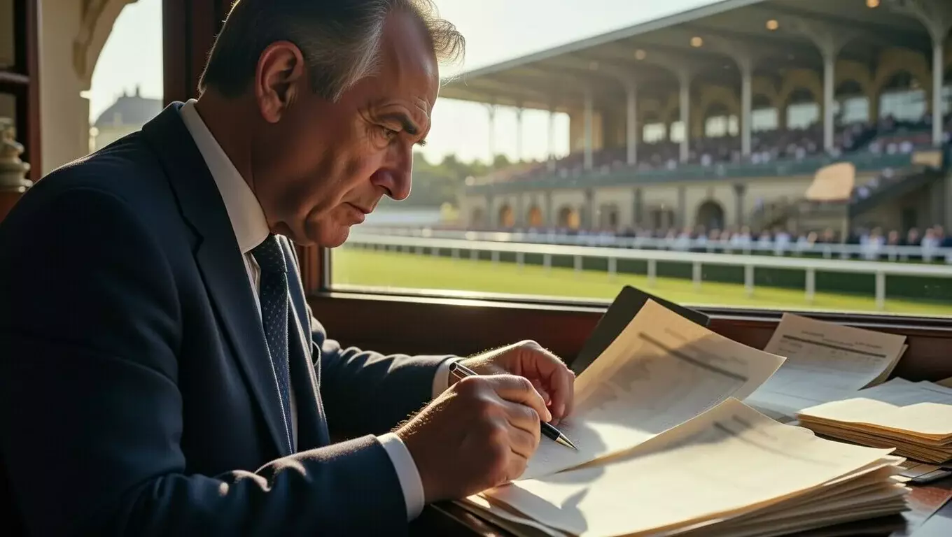 Konzentrierter Mann analysiert Rennformulare mit Stift in der Hand