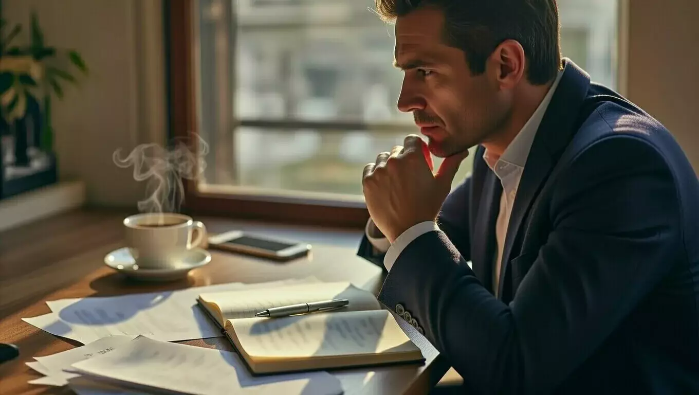 Person hält nachdenklich Kinn und betrachtet Rennstatistiken