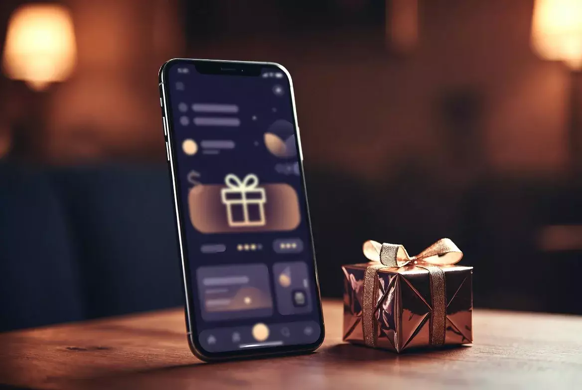 Geschenkbox-Symbol neben Smartphone mit Bonus-Anzeige