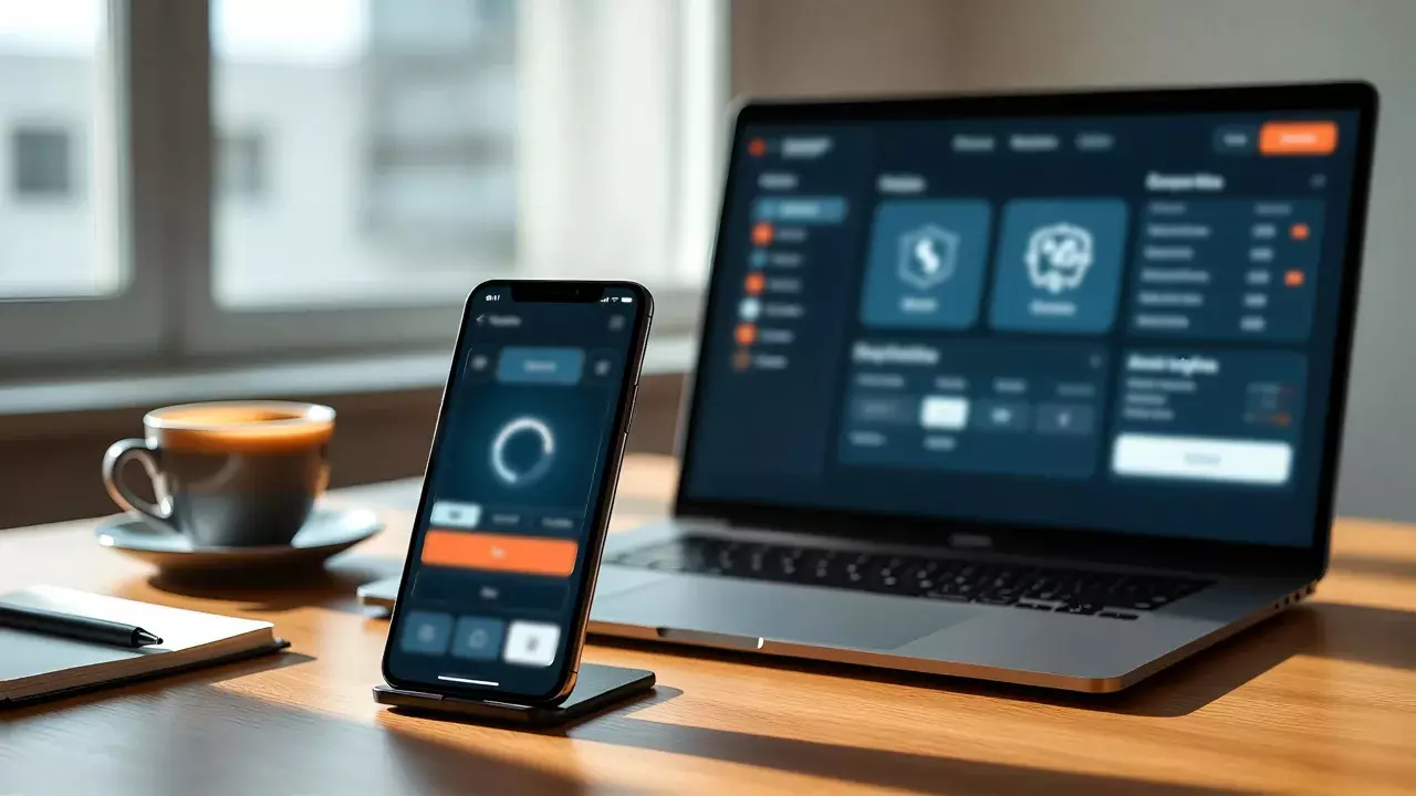 Smartphone und Laptop mit Wettplattform auf Schreibtisch