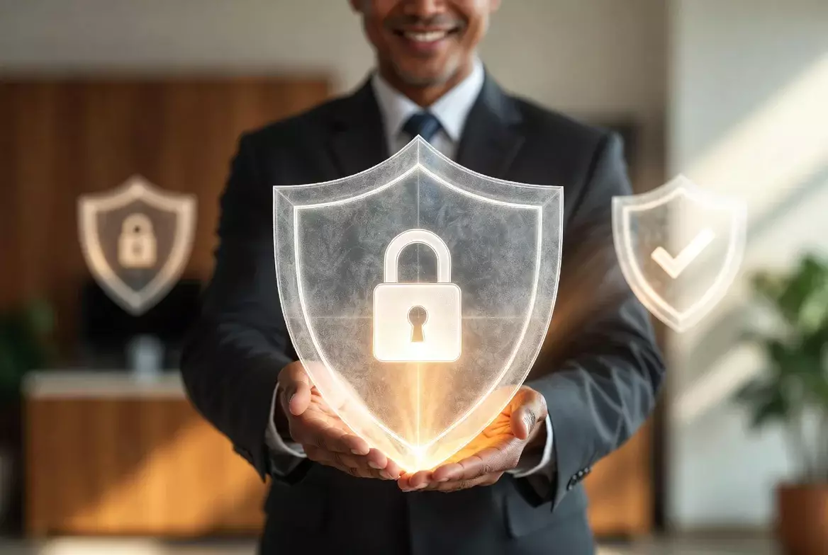 Geschäftsperson hält Schild-Symbol für Sicherheit und Vertrauen