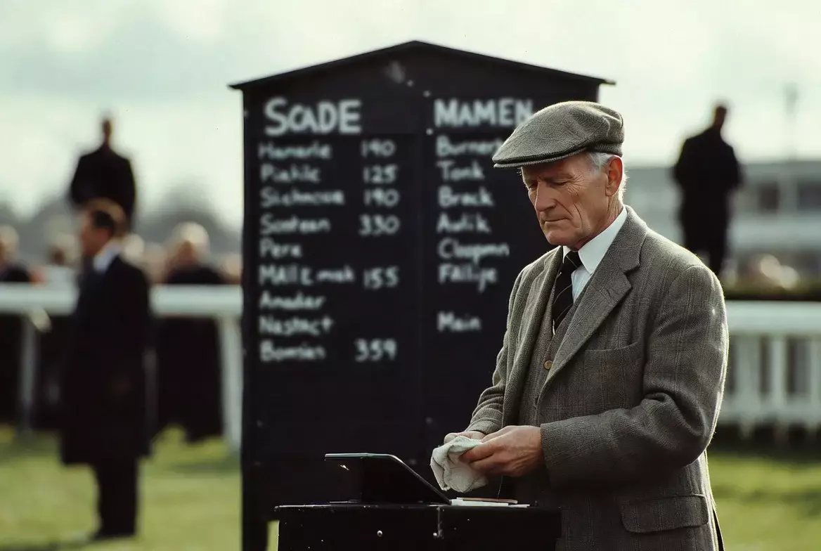 Buchmacher-Tafel mit Quoten und Kreide an britischer Rennbahn