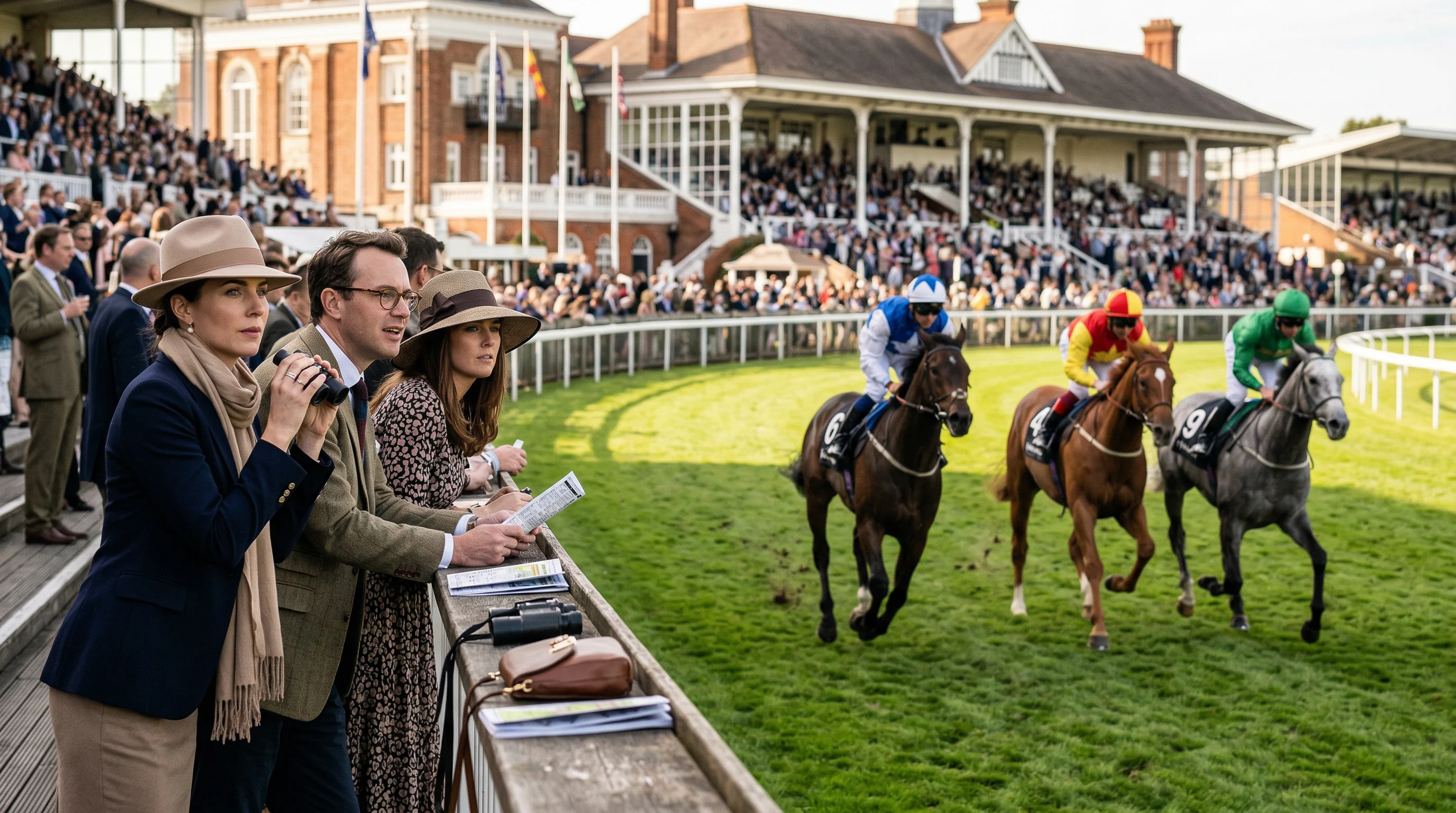 Zuschauer an der Rennbahn beobachten ein Pferderennen bei Sonnenlicht