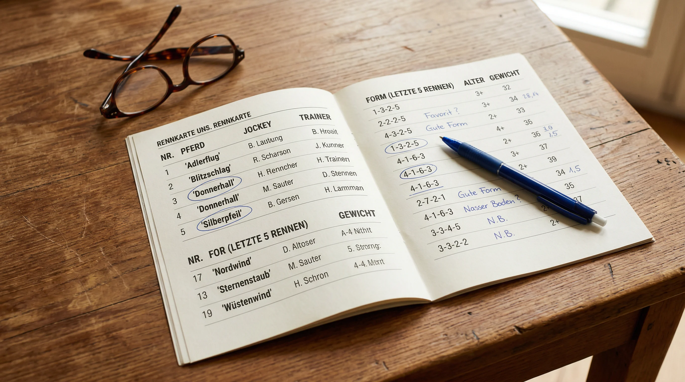 Aufgeschlagenes Rennprogramm mit Formziffern und Stift auf einem Tisch
