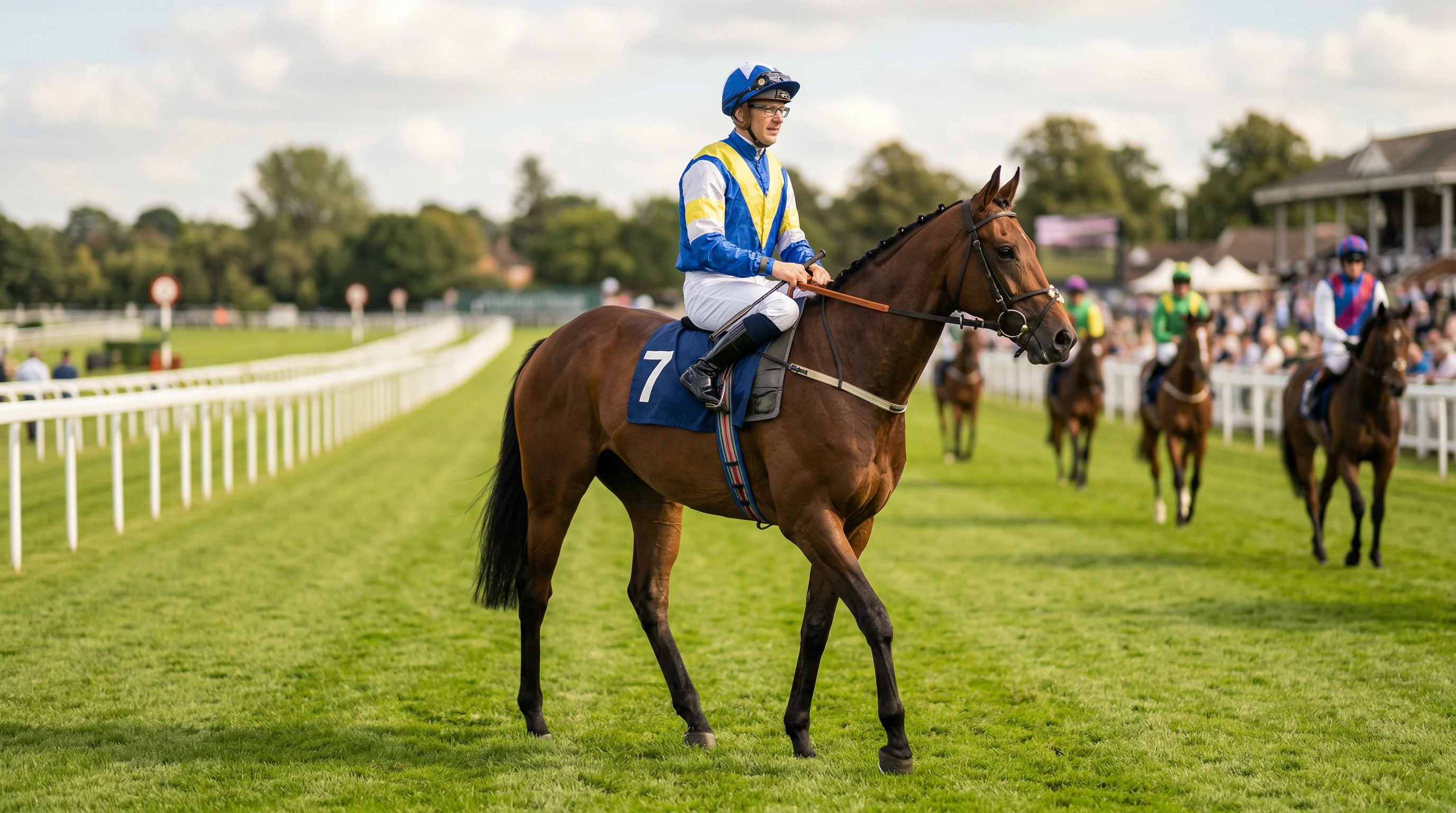 Jockey auf Rennpferd mit Gewichtsdecke beim Aufgalopp vor einem Handicap-Rennen