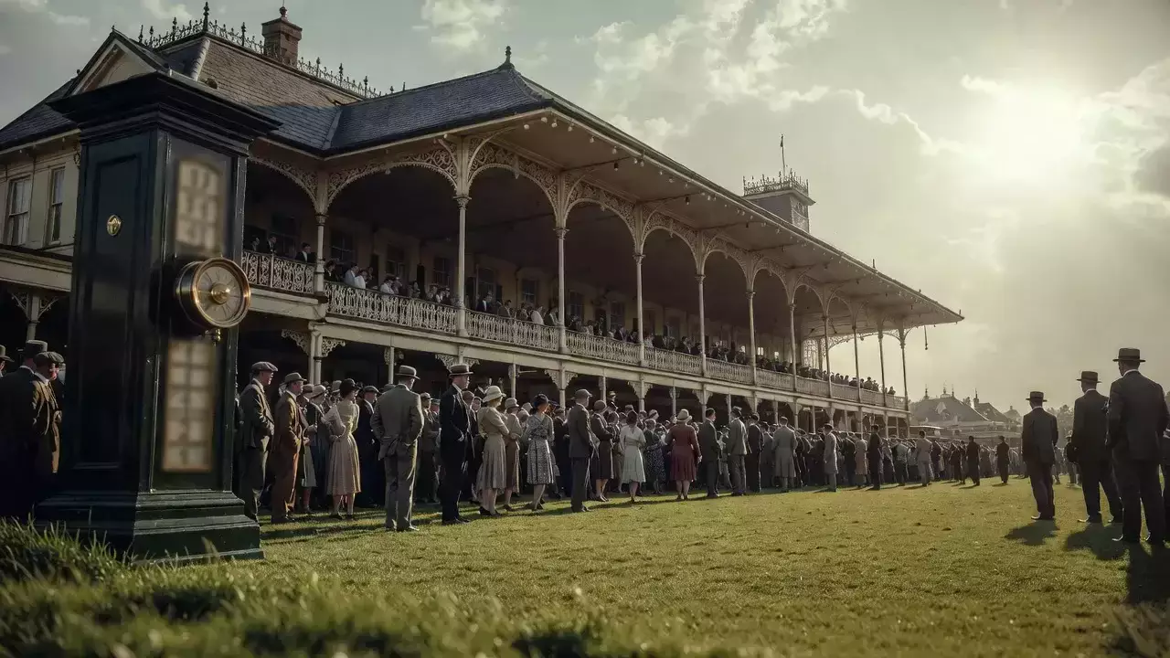 Galoppierende Pferde auf der Rennbahn bei Sonnenuntergang