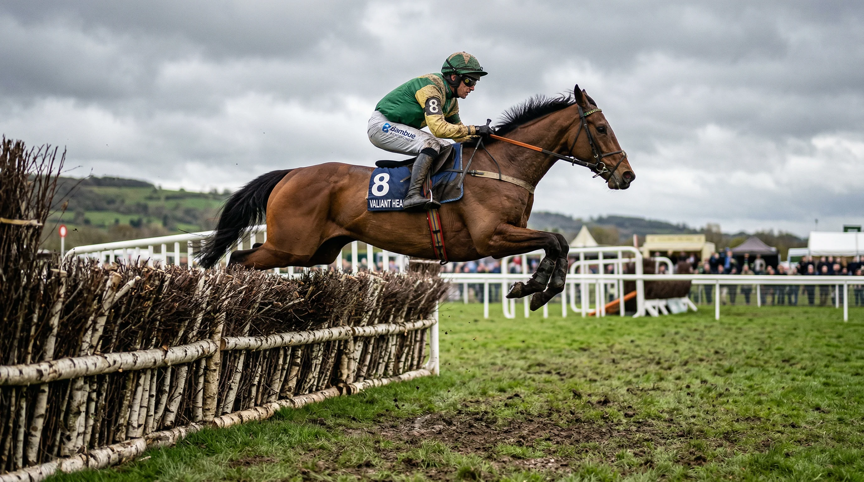 Rennpferd mit Jockey springt über einen festen Zaun bei einem Steeplechase-Rennen
