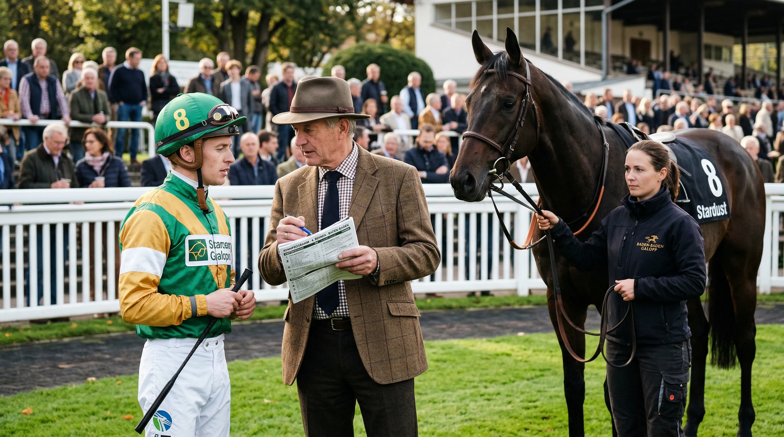 Jockey in bunten Rennfarben im Gespräch mit dem Trainer vor dem Rennen