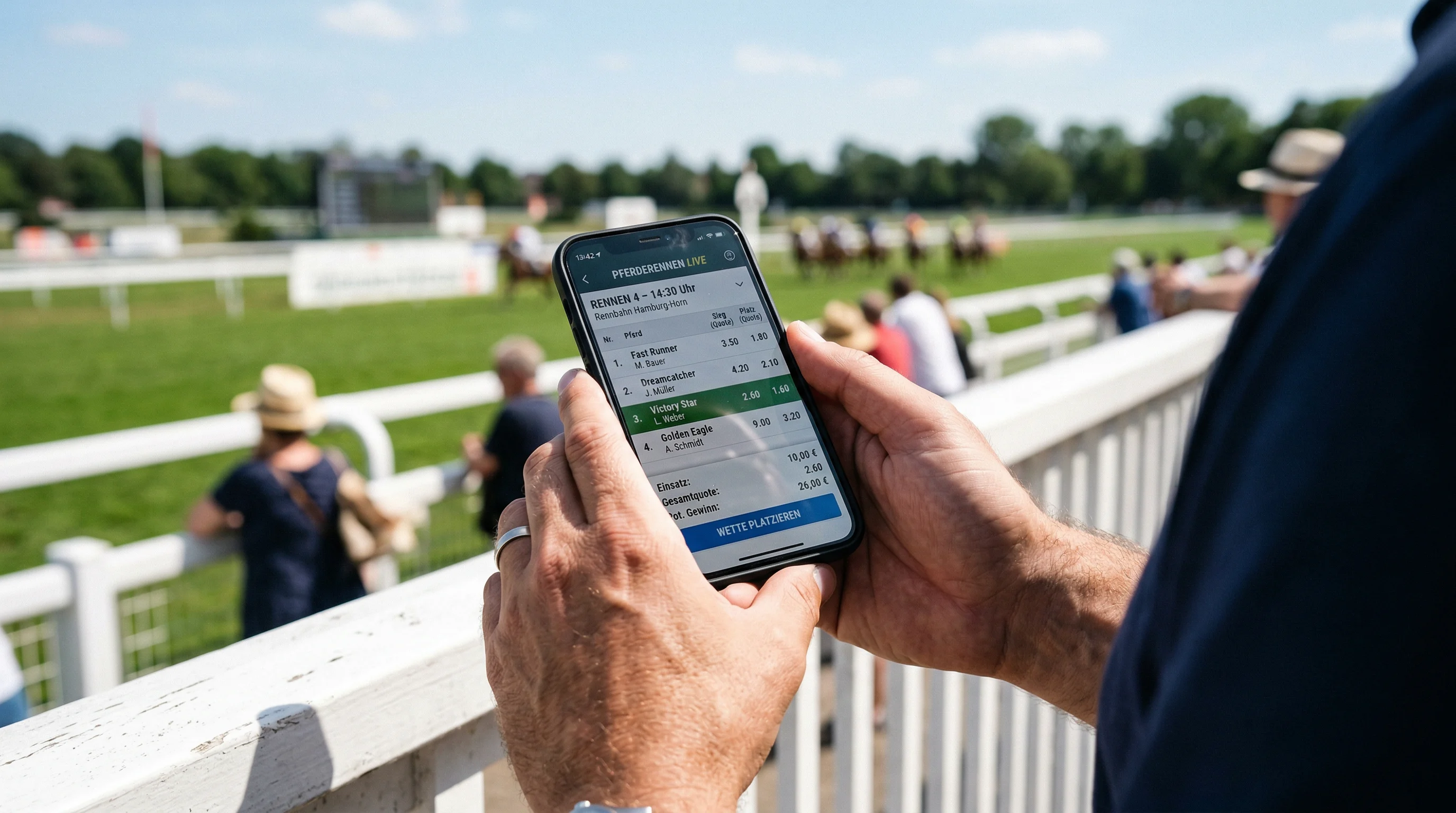 Person hält ein Smartphone mit Wettanbieter-Oberfläche vor einer Pferderennbahn