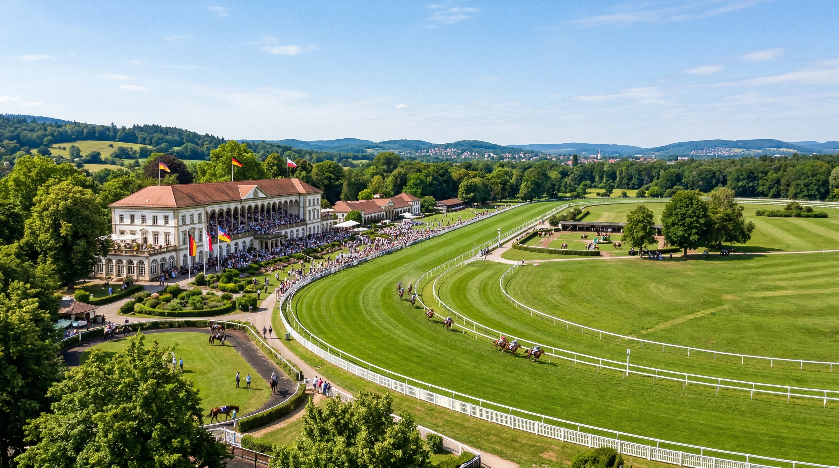 Panoramablick auf eine deutsche Galopprennbahn mit grünem Rasen und Tribüne