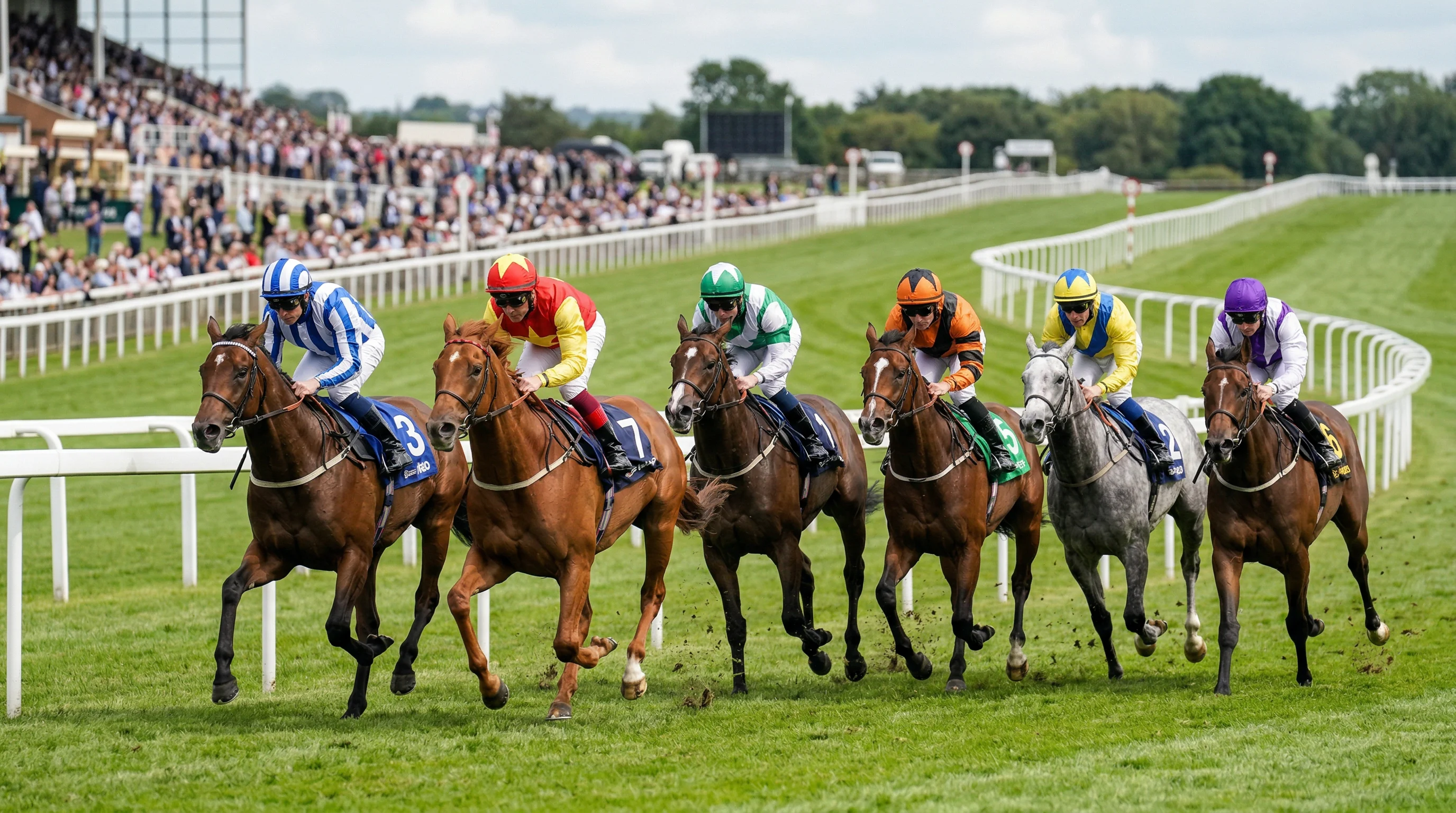 Mehrere Rennpferde auf der Galoppbahn in engem Kampf um die Platzierung