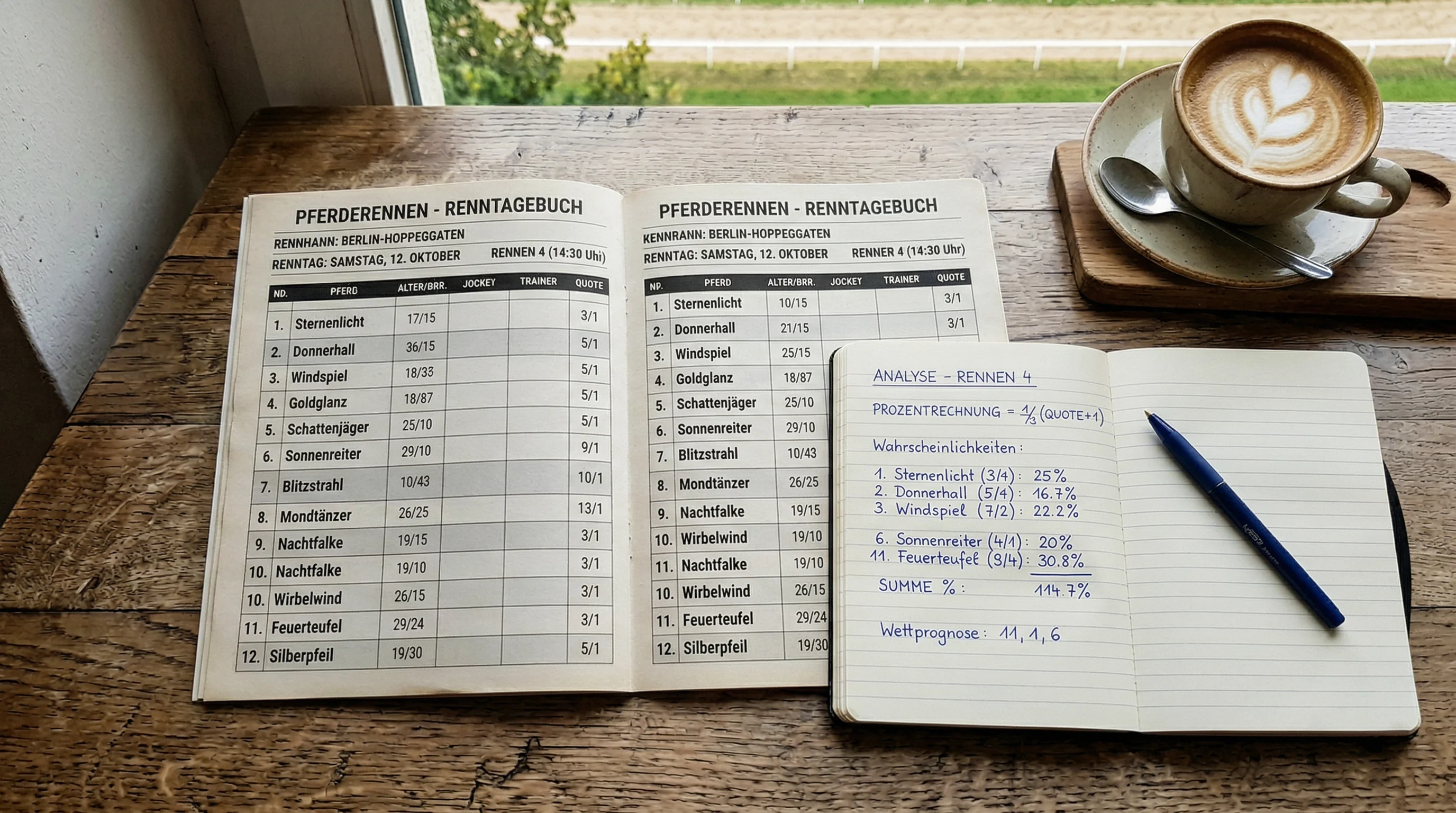 Rennprogramm mit Quoten und Notizen auf einem Tisch neben der Rennbahn