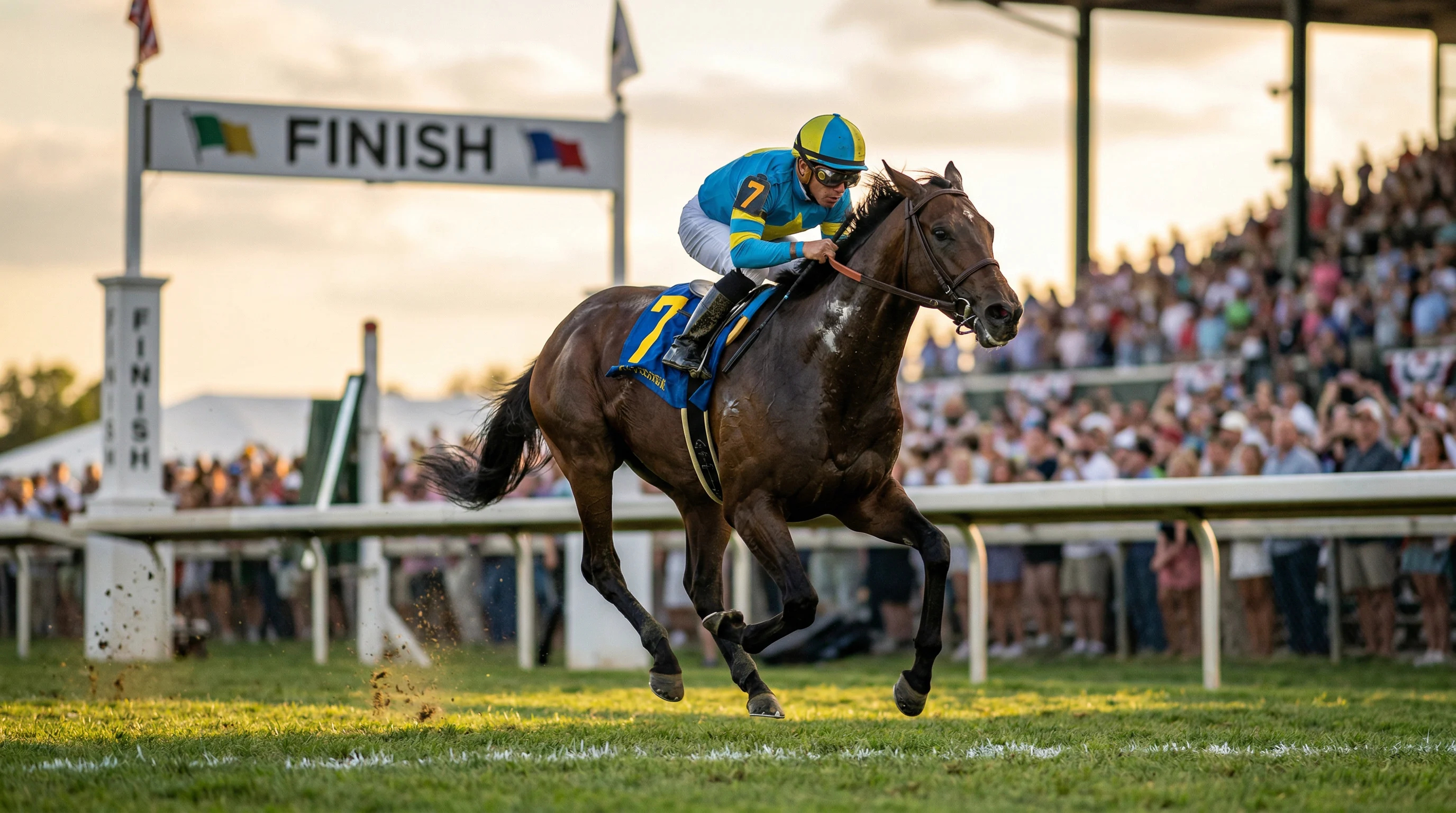 Jockey auf Rennpferd überquert die Ziellinie bei einem Galopprennen
