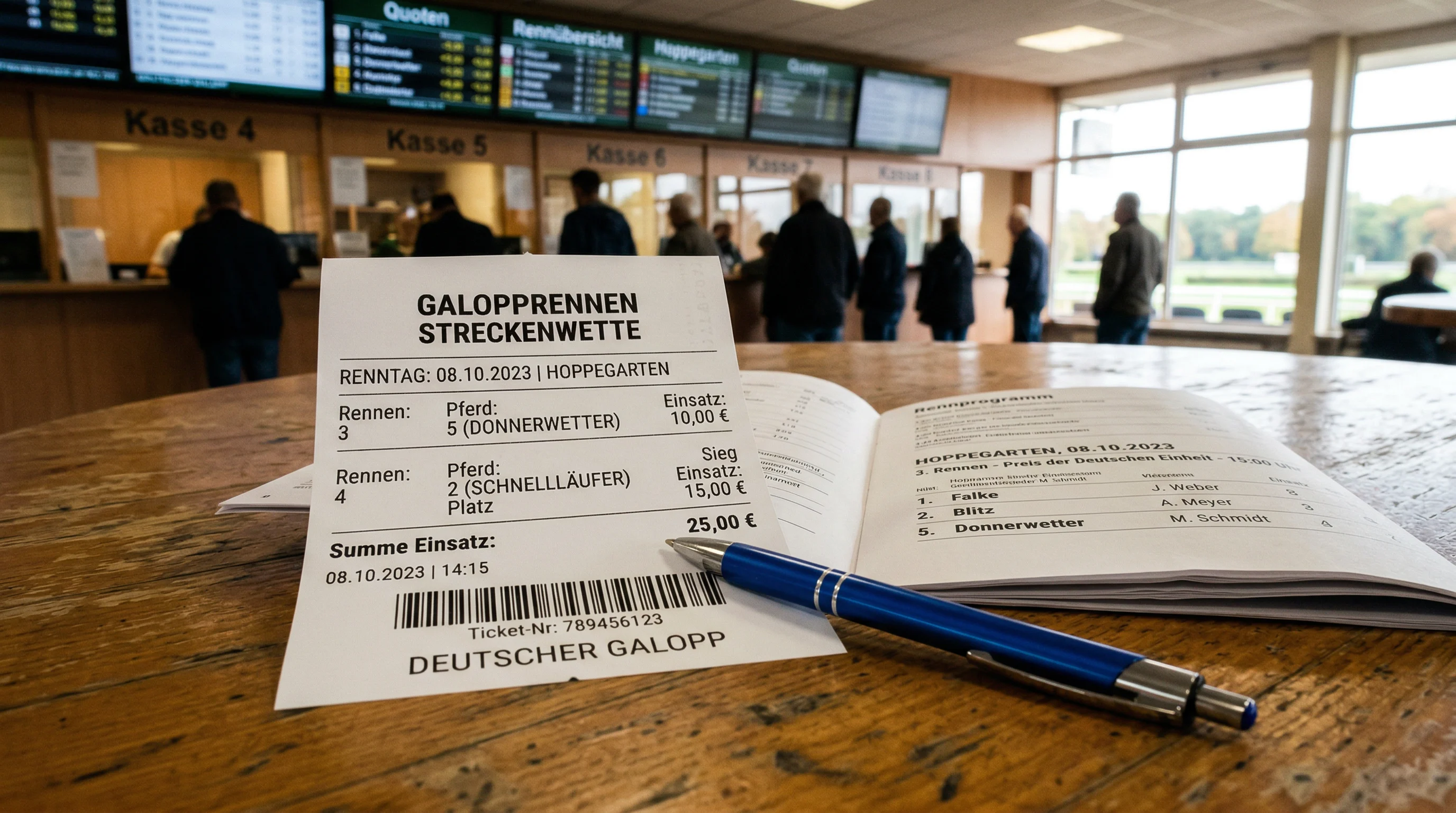 Wettschein und Rennprogramm auf einem Tisch neben einer Rennbahn-Tribüne